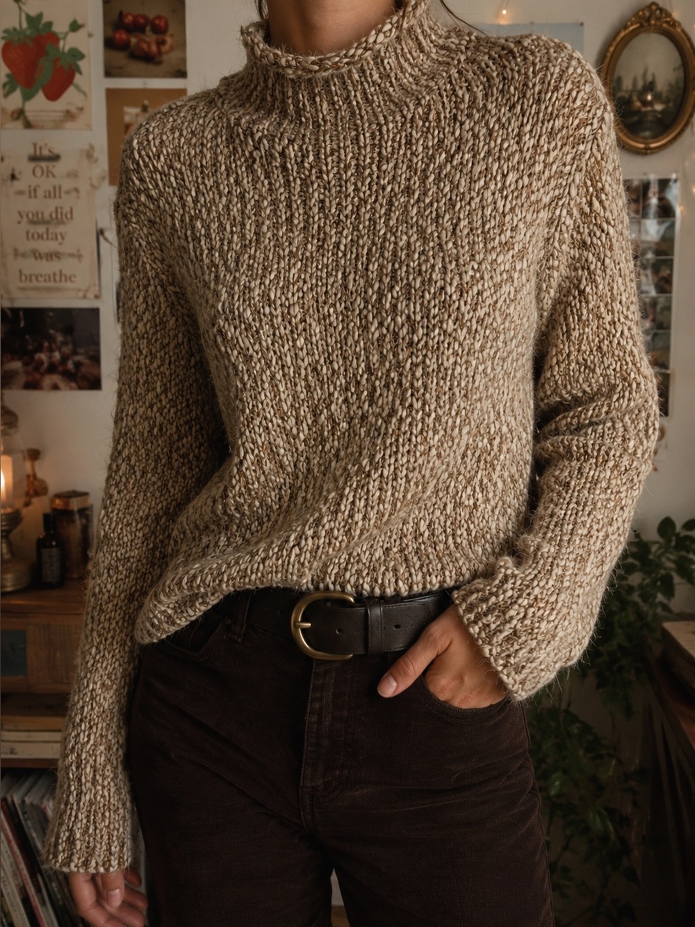 Textured Oatmeal Mock Neck Sweater Cozy Knit Medium